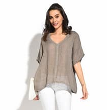 Top col V dentelles manches courtes desert