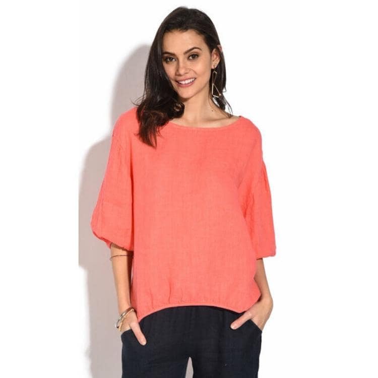 Top col rond ajoure corail